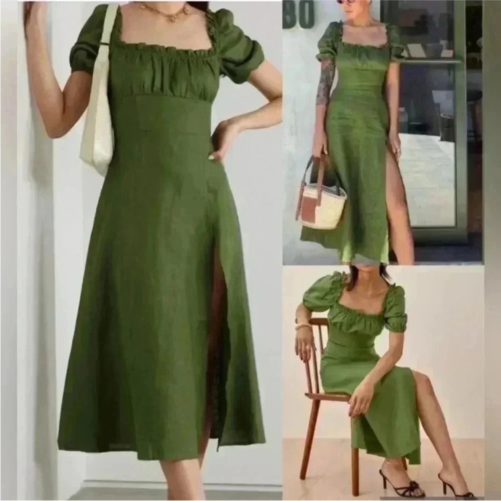 NWOT Reformation Jacqueline Linen Dress - Moss Size 2